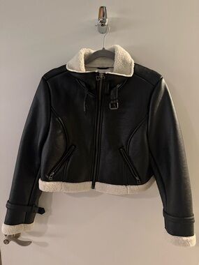 Women's Black Faux Shearling Trim Leather Jacket